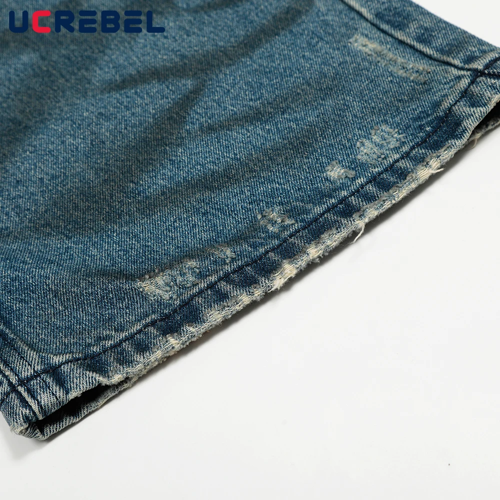 Retro Washed Distressed Ripped กางเกงยีนส์ Mens High Street หลวมตรงขากว้างขา Baggy Denim กางเกงผู้ชาย