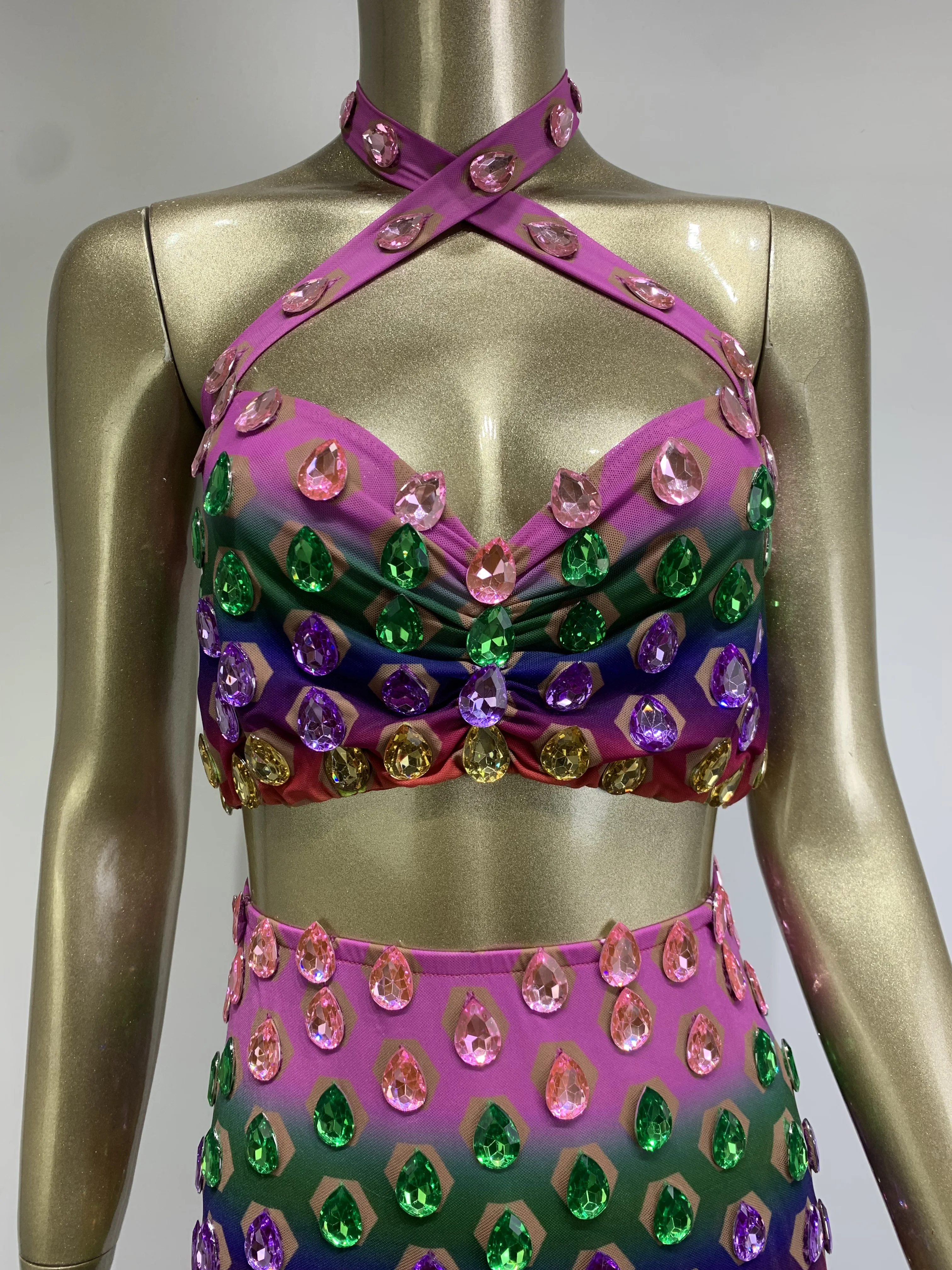 Conjunto de malla elástica con diamantes de cristal de colores para mujer, traje de escenario para celebración de cumpleaños, fiesta de club