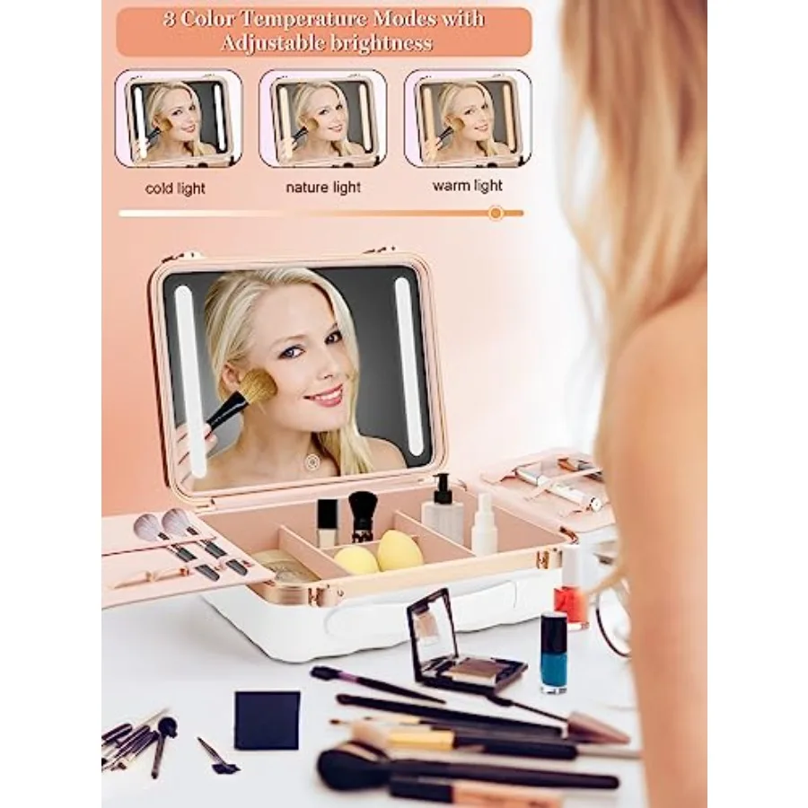 

Portable Lighted Mirror Makeup Case with 3 Color Settings for Travel Adjustable Brightness Cosmetic Organizer Storage Box for M