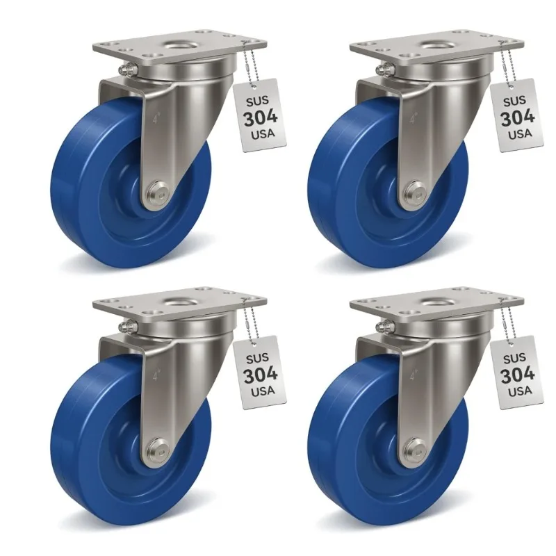 4 x 1.25 Inch Heavy Duty Stainless Steel Casters with Polyurethane Wheels for Laboratory Food Service 1800 lbs Capacity Set