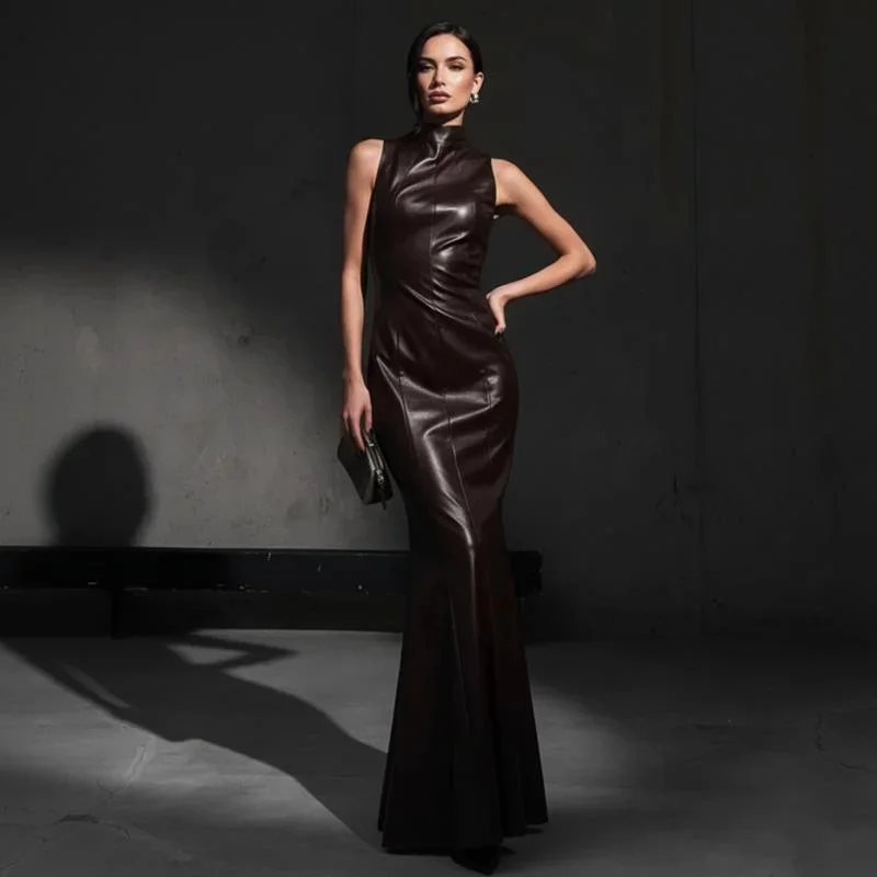 

Women Faux Leather Sleeveless Maxi Dress High Neck High Waist Bodycon Mermaid Gown For Evening Party Cocktail Date Night Formal