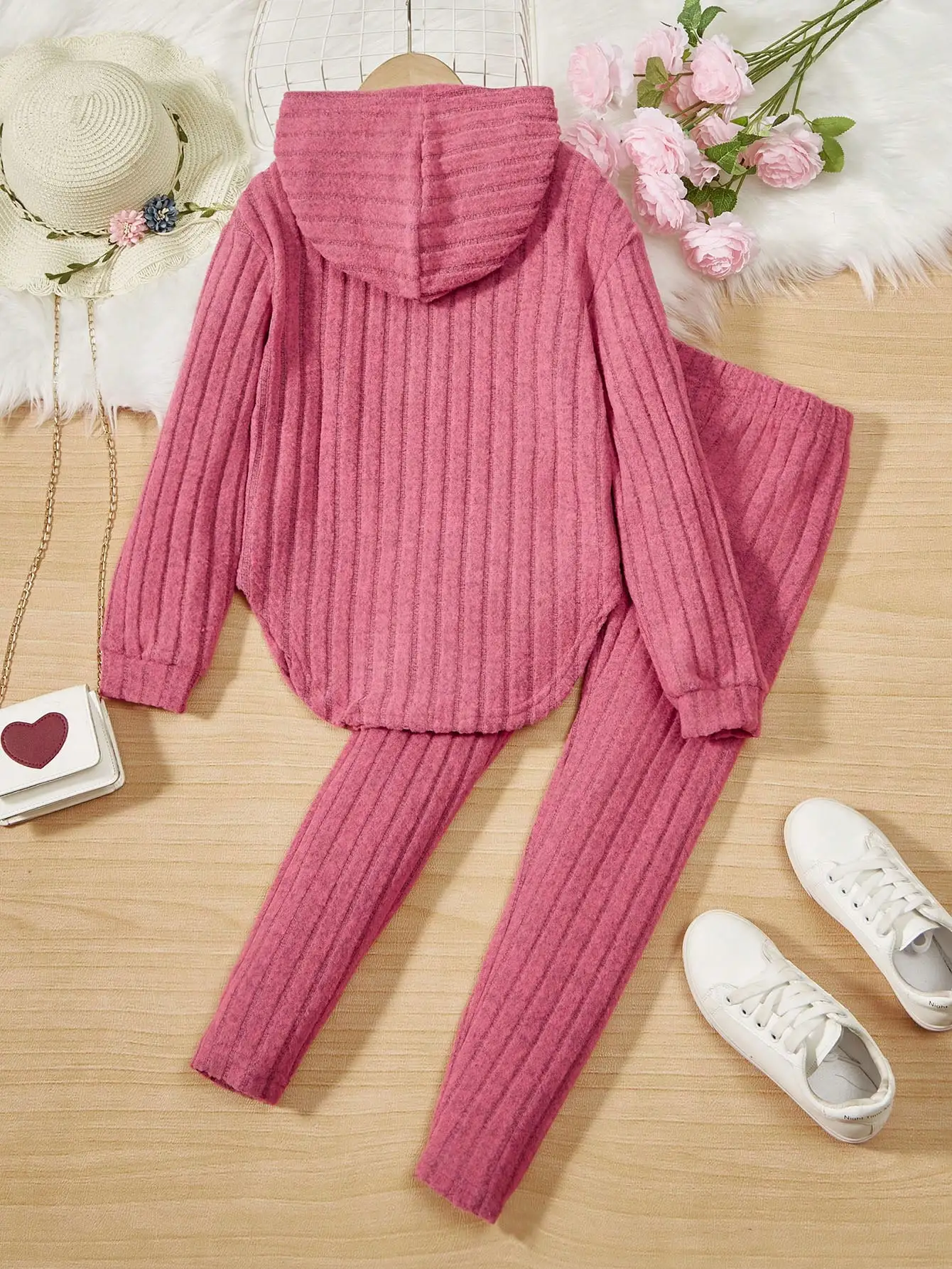 7-13 Year Old Girl\'s Autumn Outfit Pit Stripe Long Sleeved Hooded Top+Casual Pants Girl Spring And Autumn Two-Piece Set