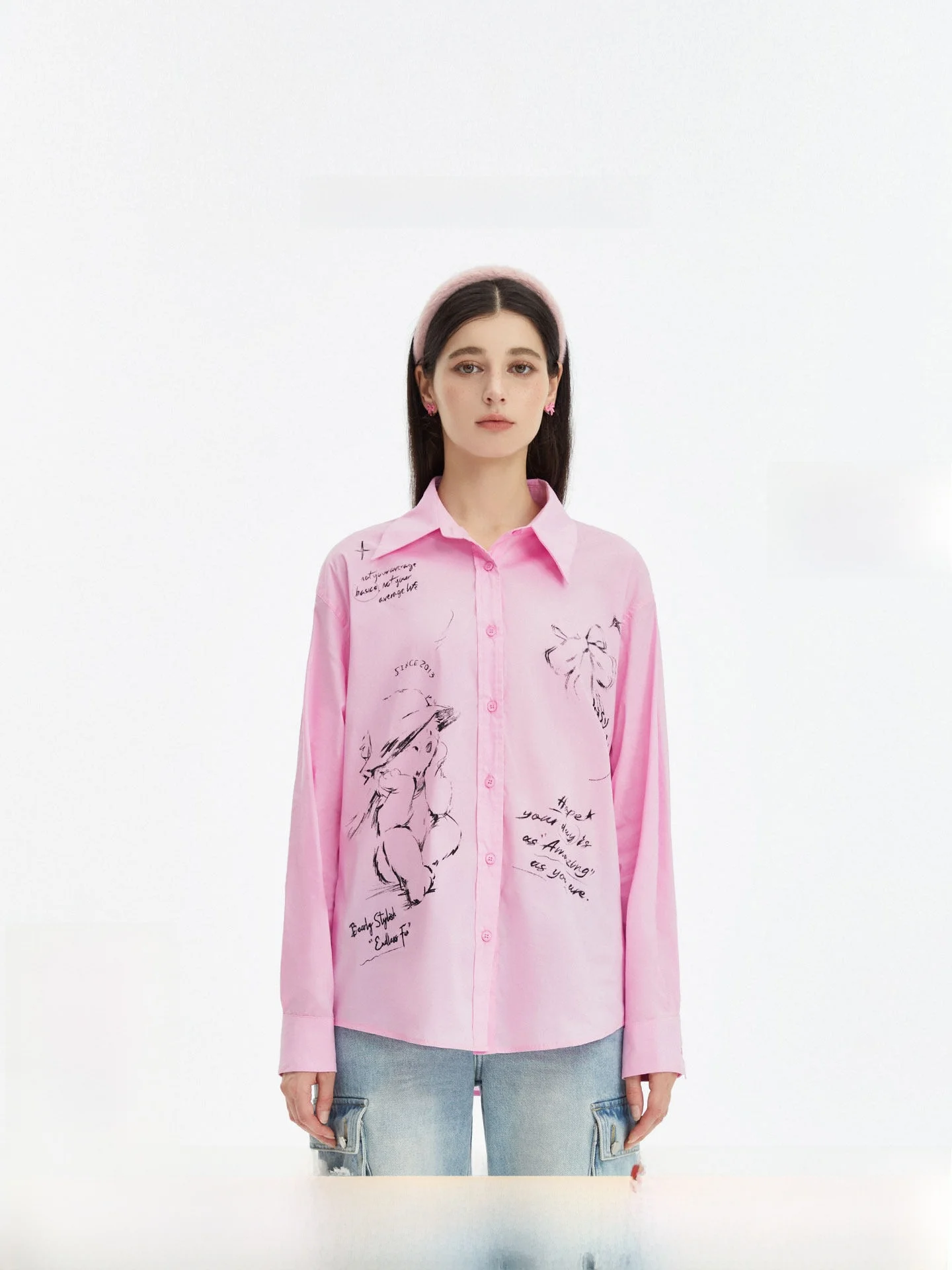 

Spring New Sle NOISY TEDDY26 Women's Long Sve irt Comfortable Loose Fit Cute Bear Print Versatile Ele Faion