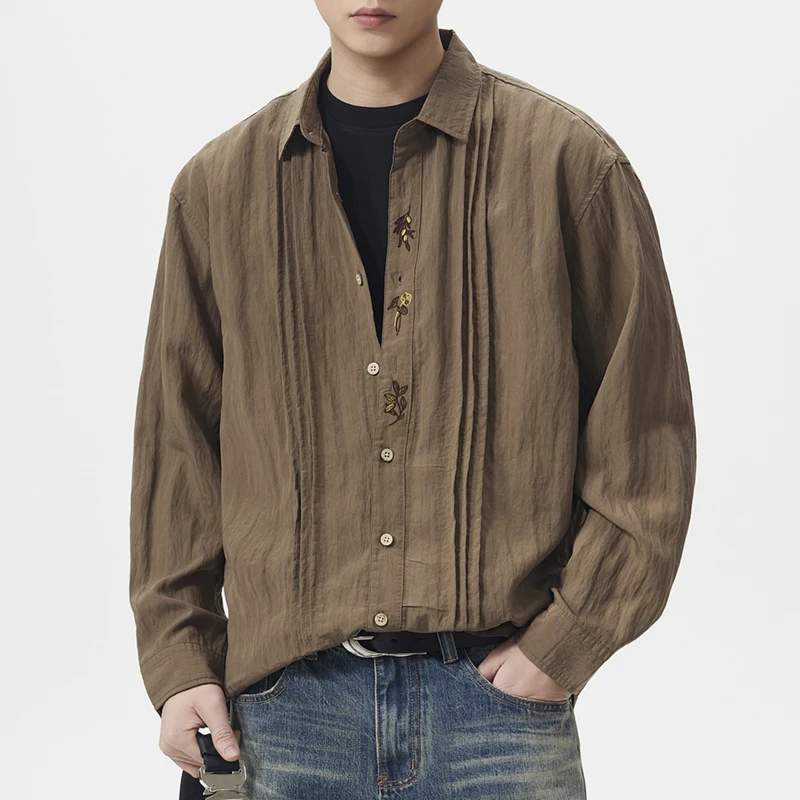 

Business Vintage Embroidery Shirt Men Lightweight Long Sleeve Loose Casual Korean Fashion Commute Shirt Blouses
