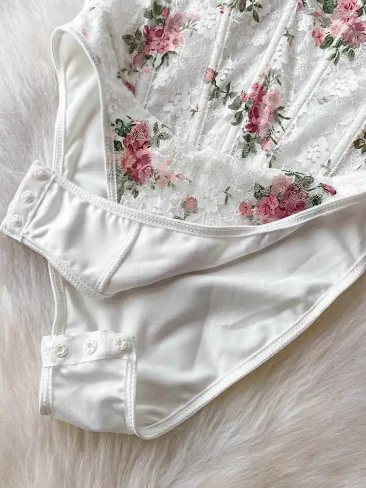 Women's White Skinny Lace Playsuits Vintage V-Neck Overall Flower Print Jumpsuits Elegant Exotic Sexy Rompers Coquette Clothing