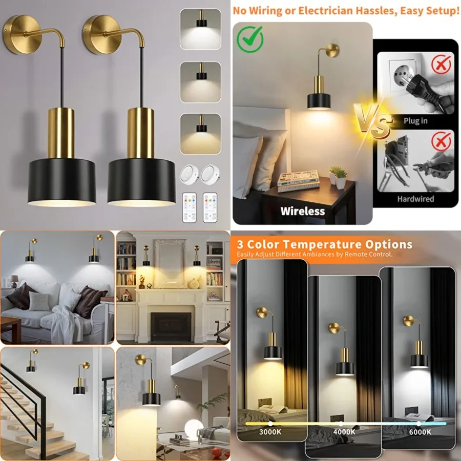 

Set of 2 Wall Sconces, Wireless Wall Lights with Remote, Dimmable Wall Lamps 3000K/4000K/6000K LED Bulbs, Modern Sconces for Be