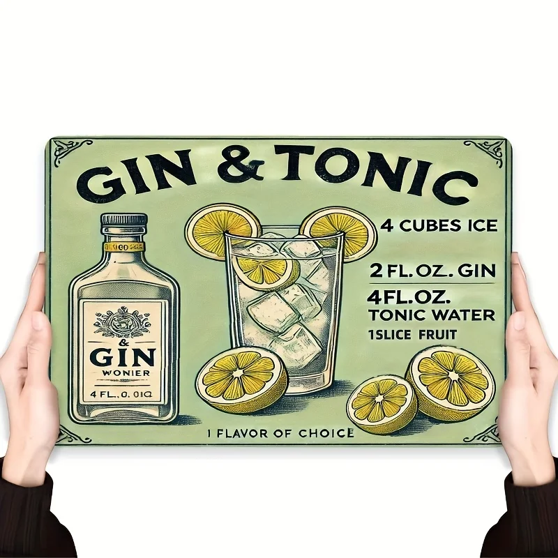 Letrero Decorativo de Metal Vintage con Diseño de Flamenco - Decoración Retro de Hierro con Ilustración de Gin Tonic y Diseño de Rodaja de Limón para Bar, Restaurante, Li