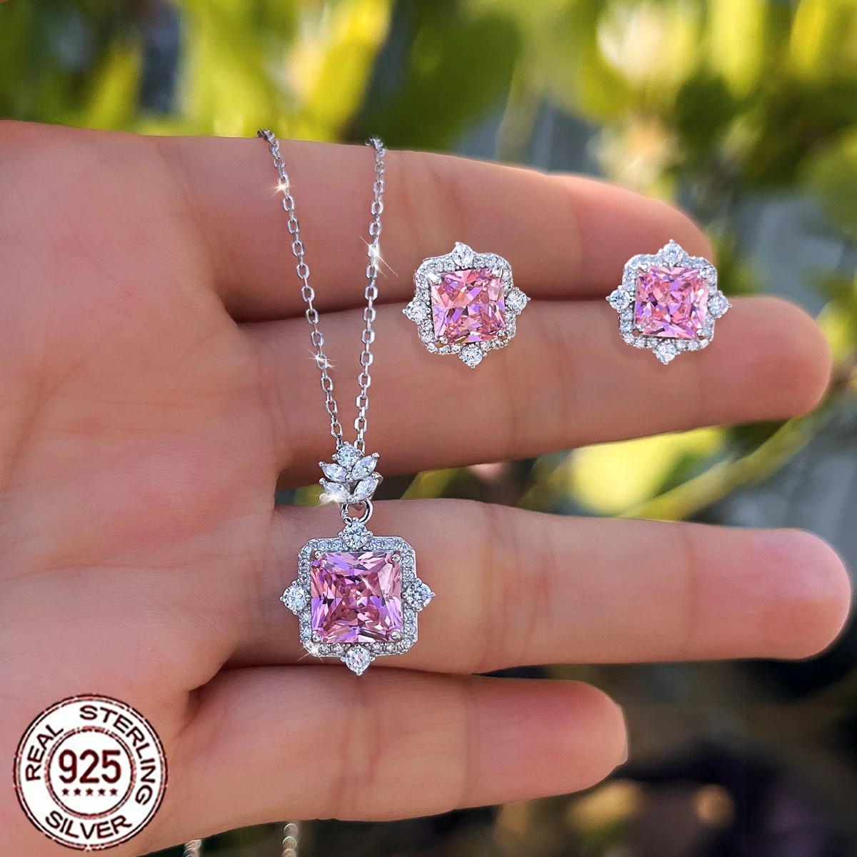 QooLady 925 Sterling Silver Square Pink 8A CZ Halo Necklace & Stud Earrings Bridal Daily Wear Wedding Fine Jewellery Gift ST068