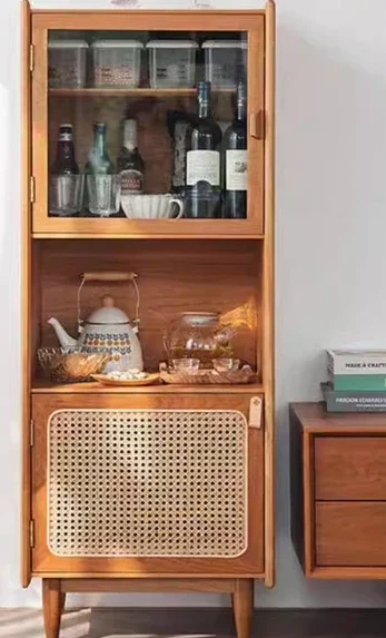 Small size rattan narrow dining side cabinet Japanese integrated wall storage wine cabinet small apartment solid wood ultra-thin