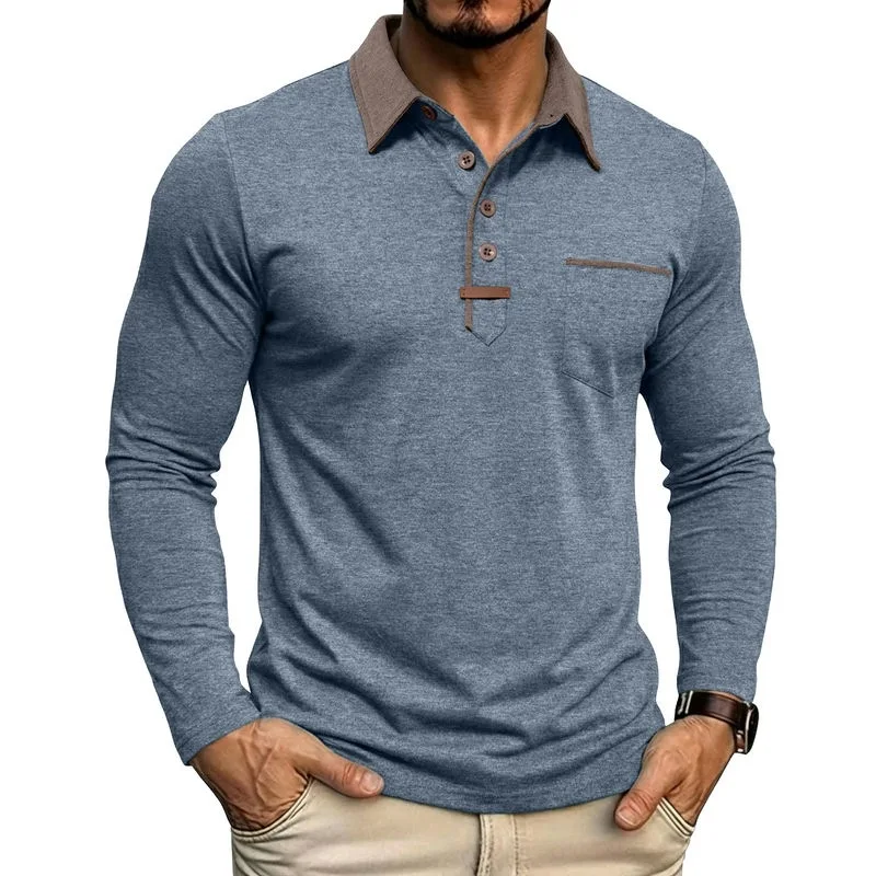 Men's Contrast Collar Long Sleeve Polo Shirt Casual Chest Pocket Lapel T Shirt Outdoor Daily Wear Top