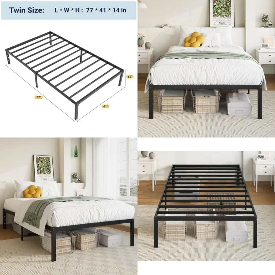 

Bed Frame, 14 inch Metal Platform Beds with Storage Space, No Box Spring Needed and Easy Assembly