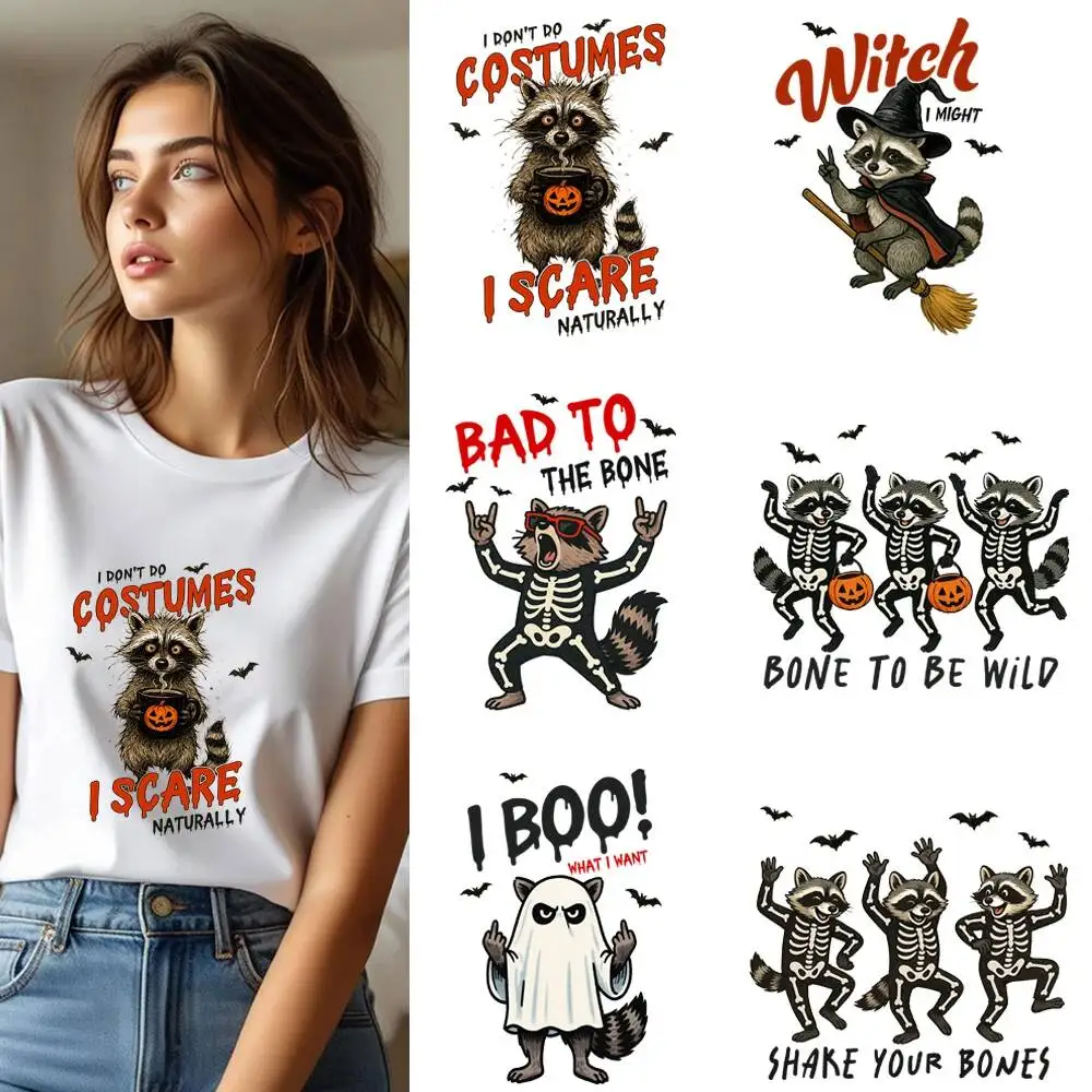 25CM Fun Halloween Sarcastic Raccoon Witch Heat Transfer Patches For Clothes DIY A-Level Washable Shirt Iron-on Thermal Sticker
