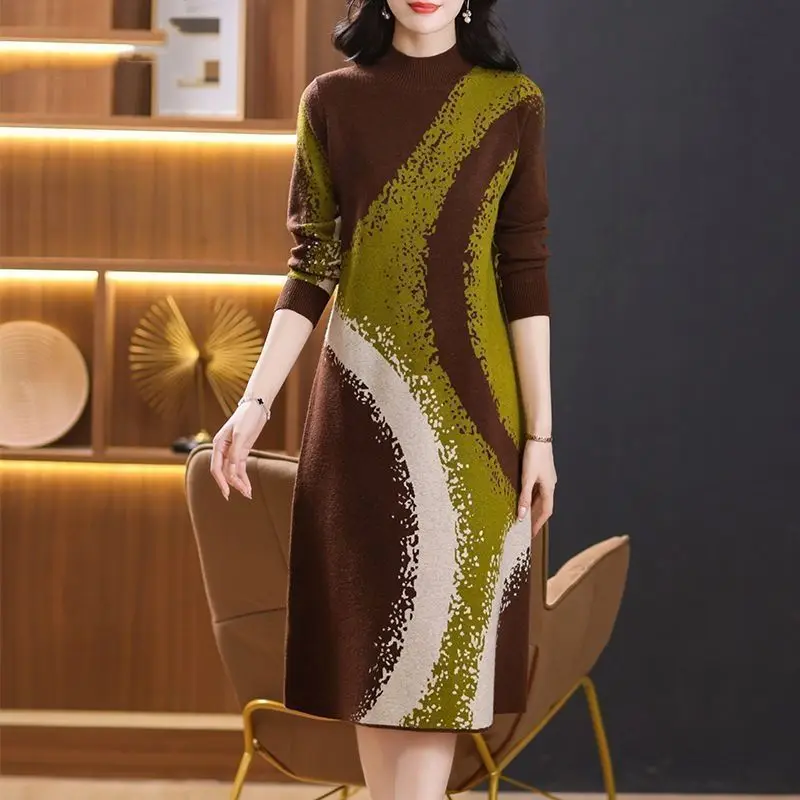 Women's Patchwork Oversize Knit Dress, Autumn and Winter Clothes, Fashion Elegant Half High Collar Sweater, Contrasting Colors