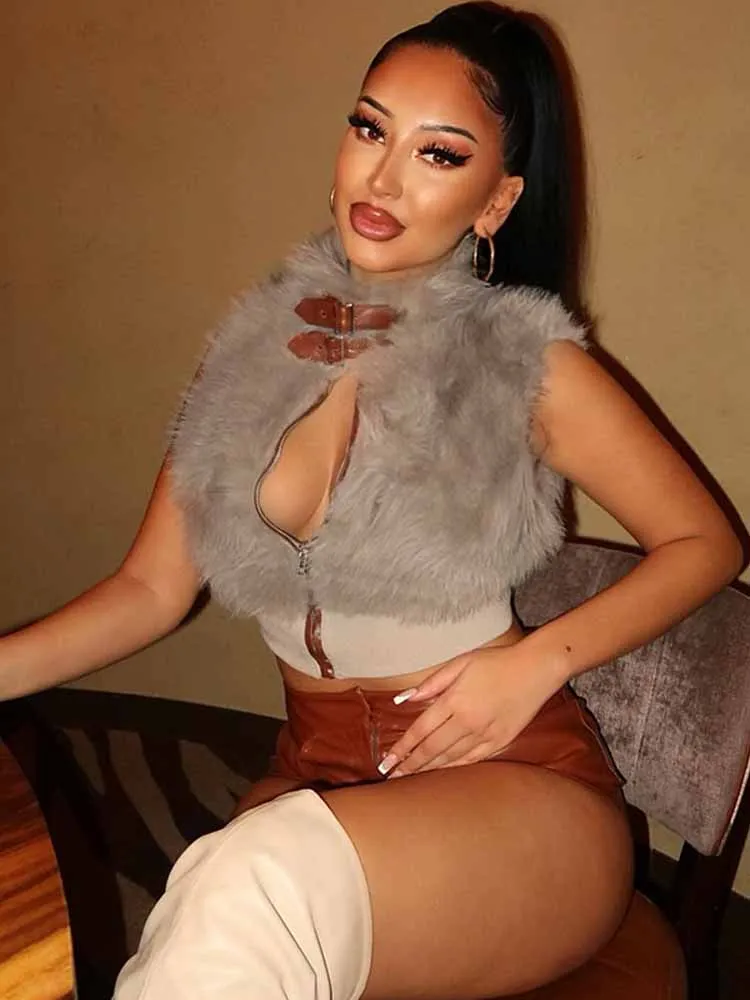 

MCDV сексуальные пушистые топы на бретелях женские лоскутные кожаные пряжки на молнии толстые теплые короткие куртки тонкий Hottie Wild Street Y2K жилет