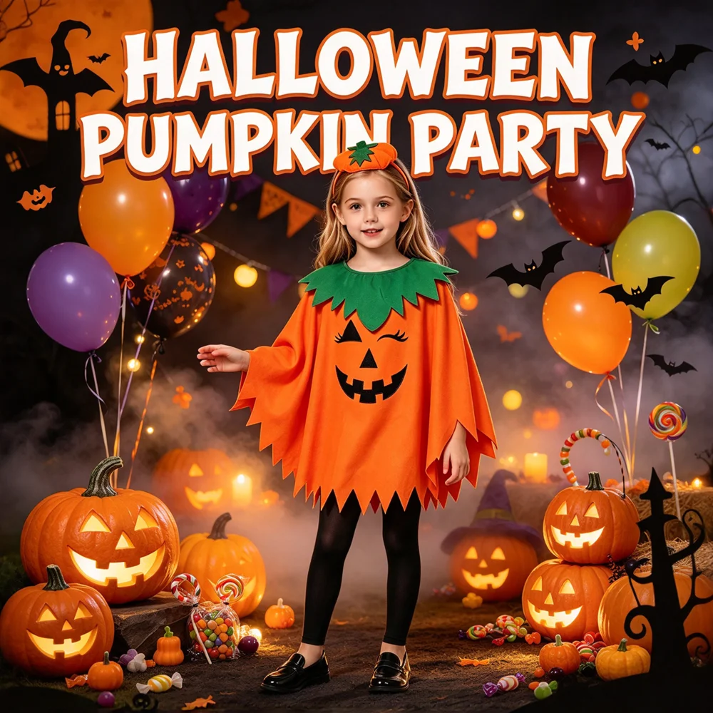Disfraz de calabaza para Halloween, poncho naranja con diadema de calabaza, atuendo para fiestas de carnaval y eventos de disfraces.