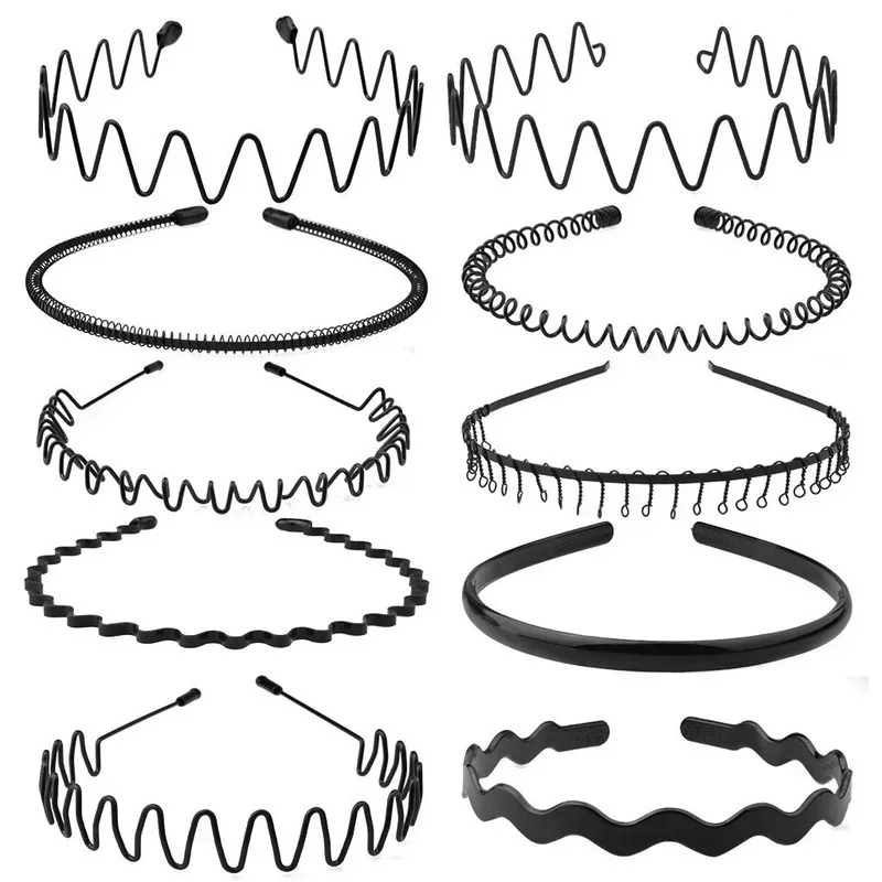 Black Wavy Metal Hair Band para homens e mulheres, Unisex Hoop, Sports Headband, Hairband, Acessórios para cabelo, Fashion Gift, 6pcs