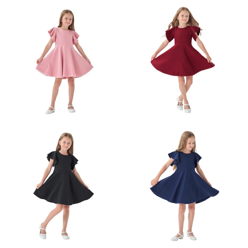 

Summer European and American Style Girls Large Lotus Leaf Sleeves A-line Dress Clean Color Simple College Style Pleated Dress