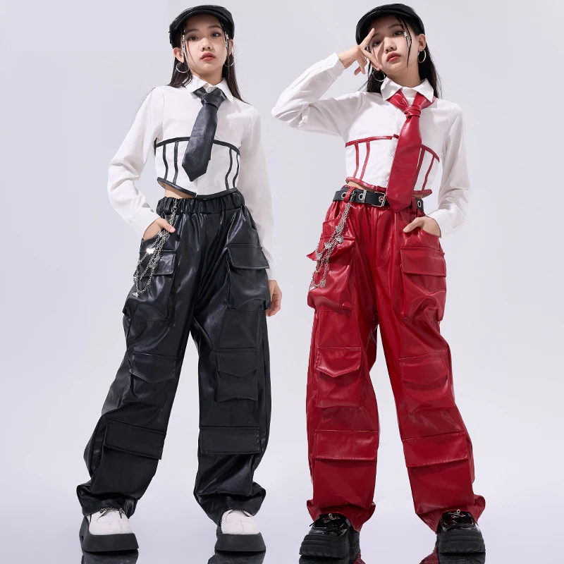 JK Style Jazz Dance Costume Girls Navel Tops Leather Pants Kids Hip Hop Suit Performance Competition Clothing Stage Wear BL13721