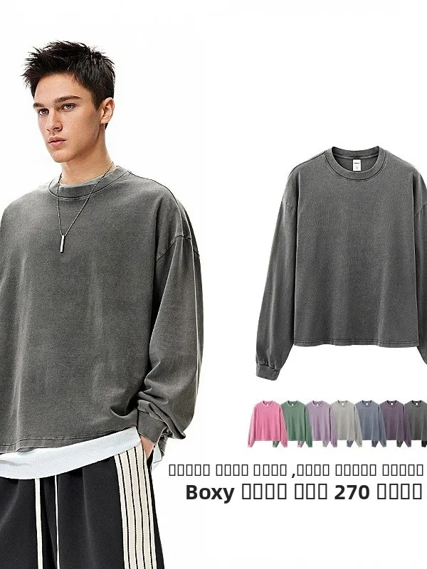 

Retro American Waed Long Sve T-irt Pure Cotton Heavy Du Faded Trendy Sle Men's Casual Streetwear Cotton Tee