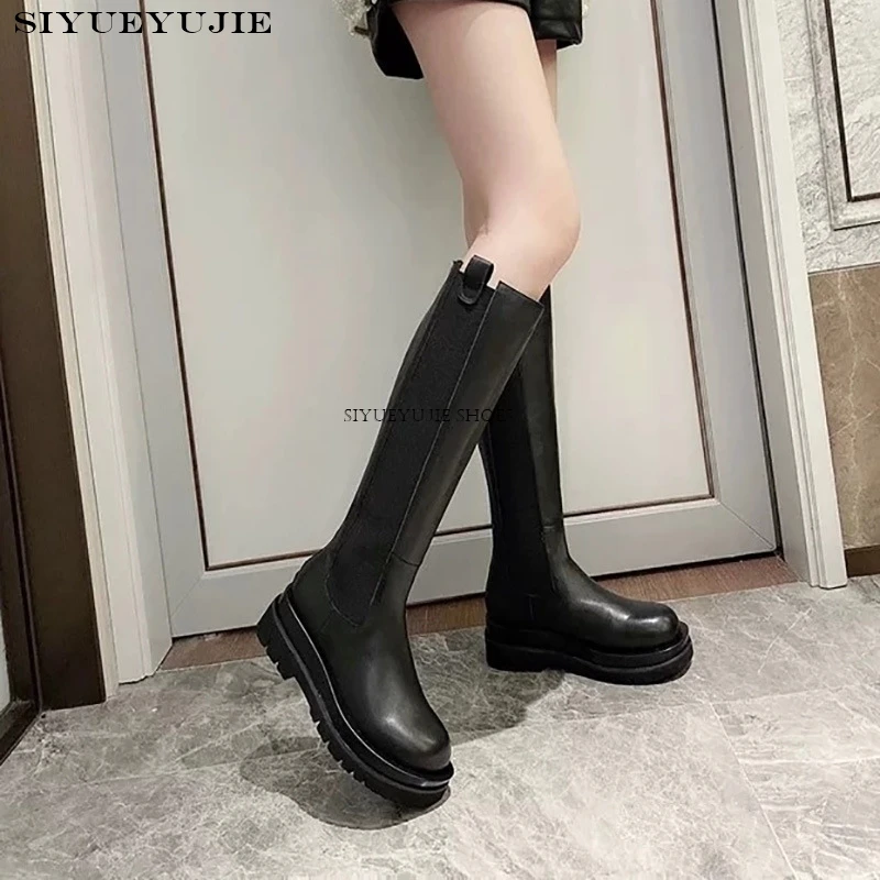 Platform Genuine Leather Women Knight Long Boots Fashion Warm Fur Shoes Autumn Winter Square Heels Ladies Knee High Booties