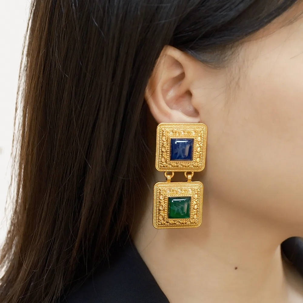 

New European and American Women Vintage Courtly Style Copper Gold Plated Fashionable Glass Ear Clip Earrings