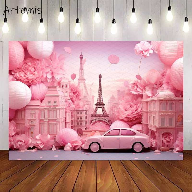 Cake Smash Photography Backdrop Baby Shower Decoration Carousel Eiffel Tower Balloon Newborn Birthday Portrait Background Studio