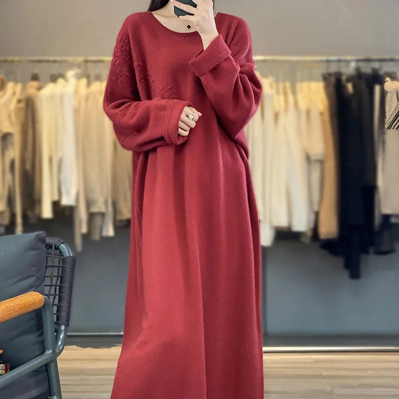 Oversize Clothing For Women Free Shipping 100% Cashmere And Wool Dresses Long V-neck Jumpers 2023 Winter Lady Pullovers NJ01