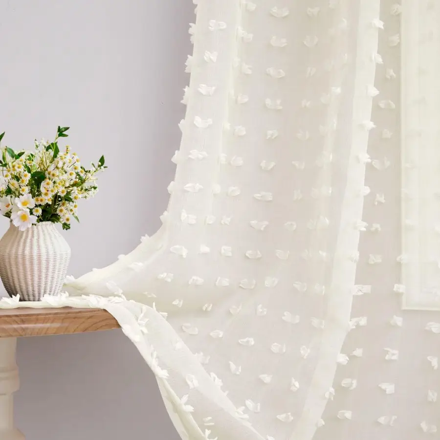 

Прозрачные кремовые шторы длиной 96 дюймов для гостиной, с текстурой «фееричные помпоны», цвета слоновой кости, с креплением на петлях, в стиле фермерского дома, бохо, из тонкой ткани.