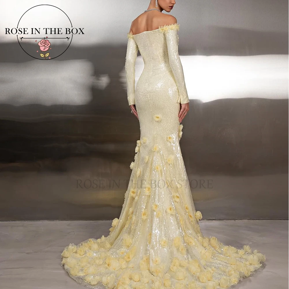 ROSEINTHEBOX Vestido de noche de sirena con hombros descubiertos y lentejuelas color champán glamoroso personalizado con apliques florales en 3D y mangas largas