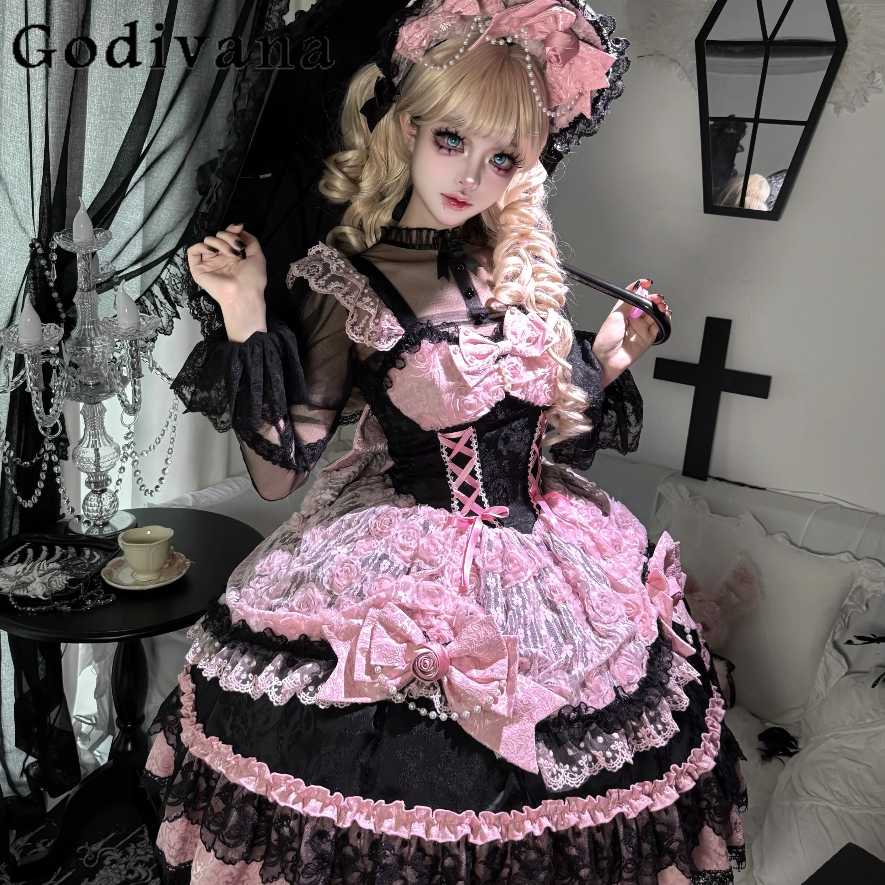 

Original Gothic Dark Lolita Sling Dress JSK Autumn New Japanese Girl's Sweet Bow Lace Edge Princess Dresses Halloween Cos Dress