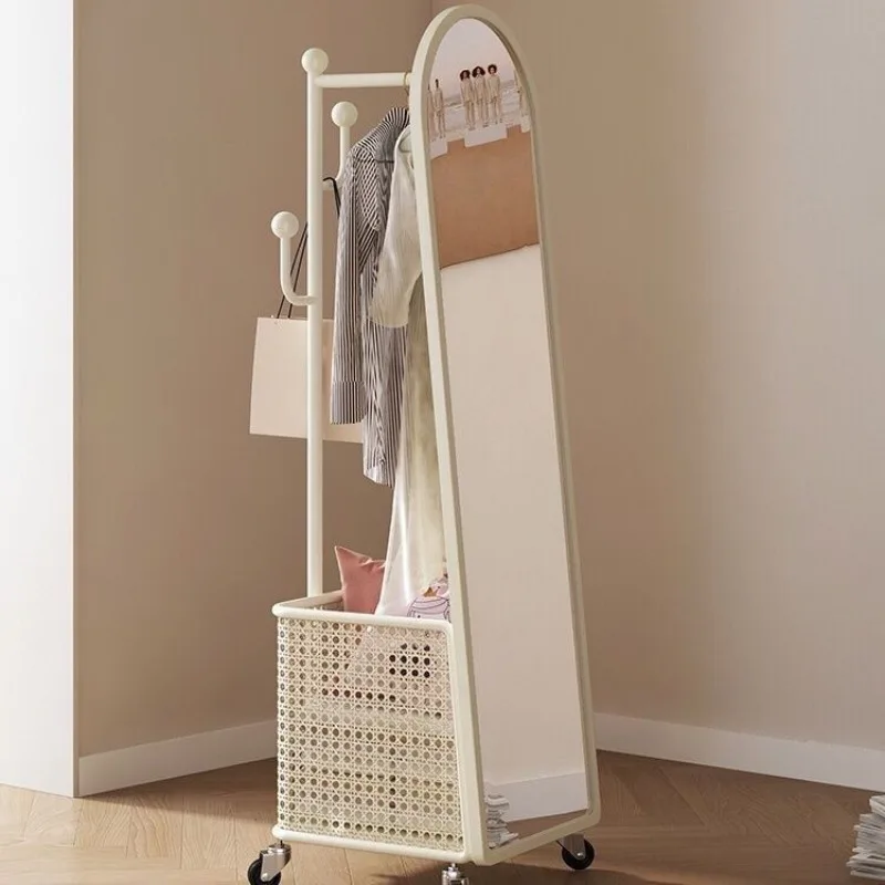 Cream wind full body mirror rotating full-length mirror mobile floor hanger floor mirror integrated coat rack