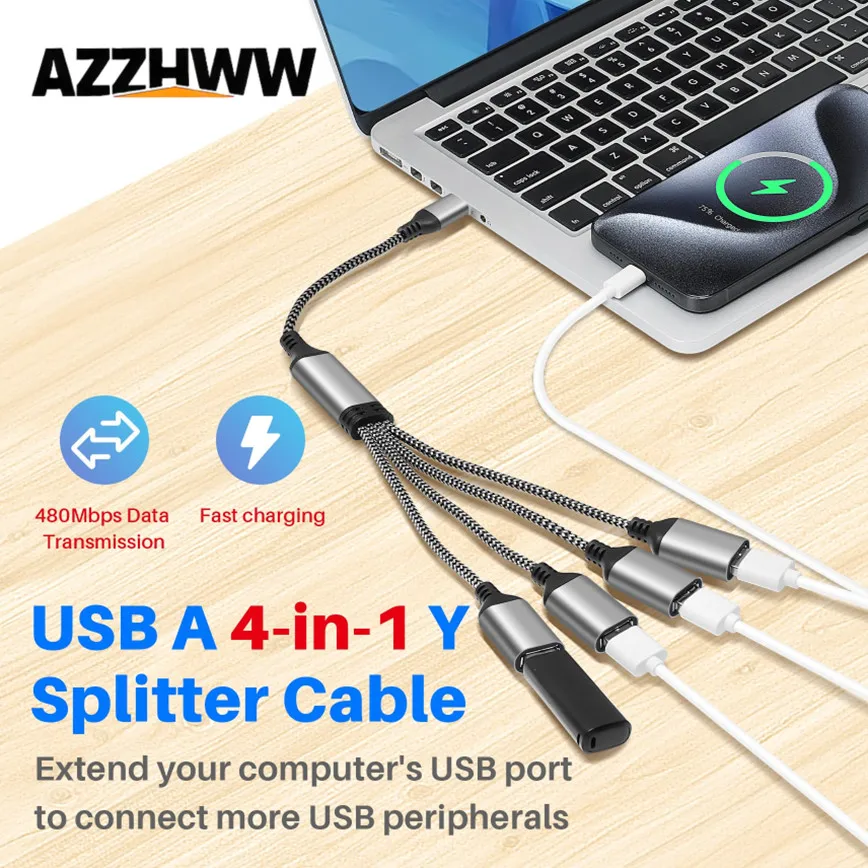 

USB Hub Extensions 1 to 4 USB Splitter Extender Data Transmission Charging Adapter Cable For Car Computer Laptop Flash Drive etc