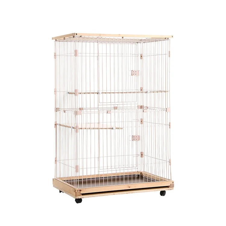 

Wholesale Metal Wired 3 Layer Cat Cage Wooden Frame Cat Rabbit Cage with Wheel