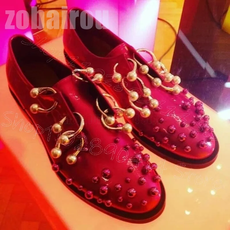 

Red Round Rivets Metal Circle Pearl Design Loafers Fashion Slip On Men Shoes Luxury Handmade Party Feast Dating Men Dress Shoes