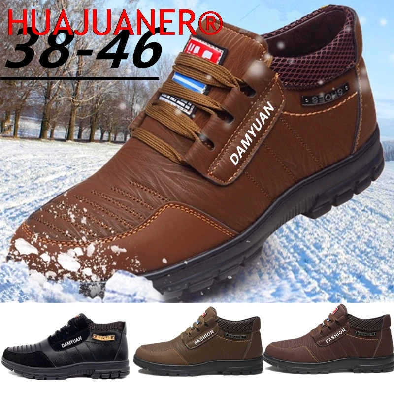 

HUAJUANER, мужская повседневная обувь на меху, теплая кожаная обувь на плоской подошве в британском стиле, удобные нескользящие зимние ботинки, мужские большие размеры 44