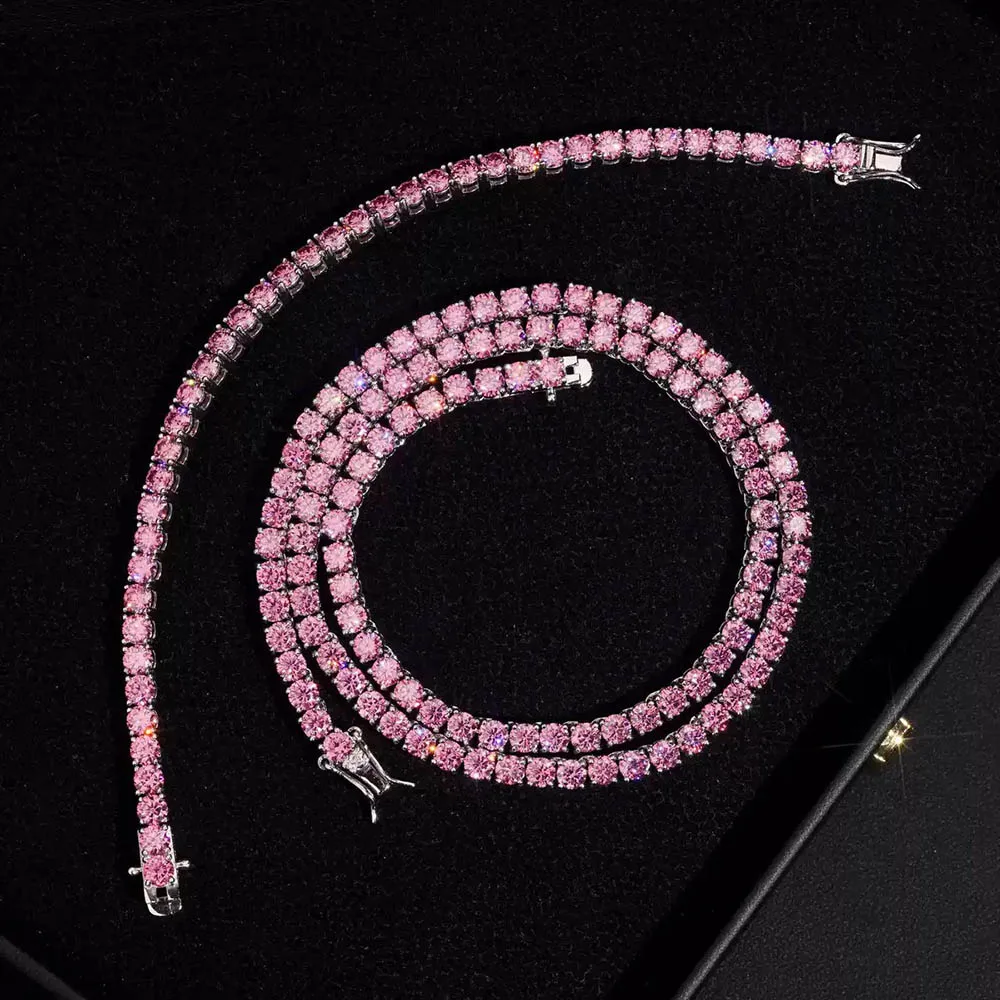 

3-4mm Pink Red Moissanite Tennis Chain Bracelet 925 Sterling Silver Plated White Gold Hiphop Rock Women Men Jewelry Pass Tester