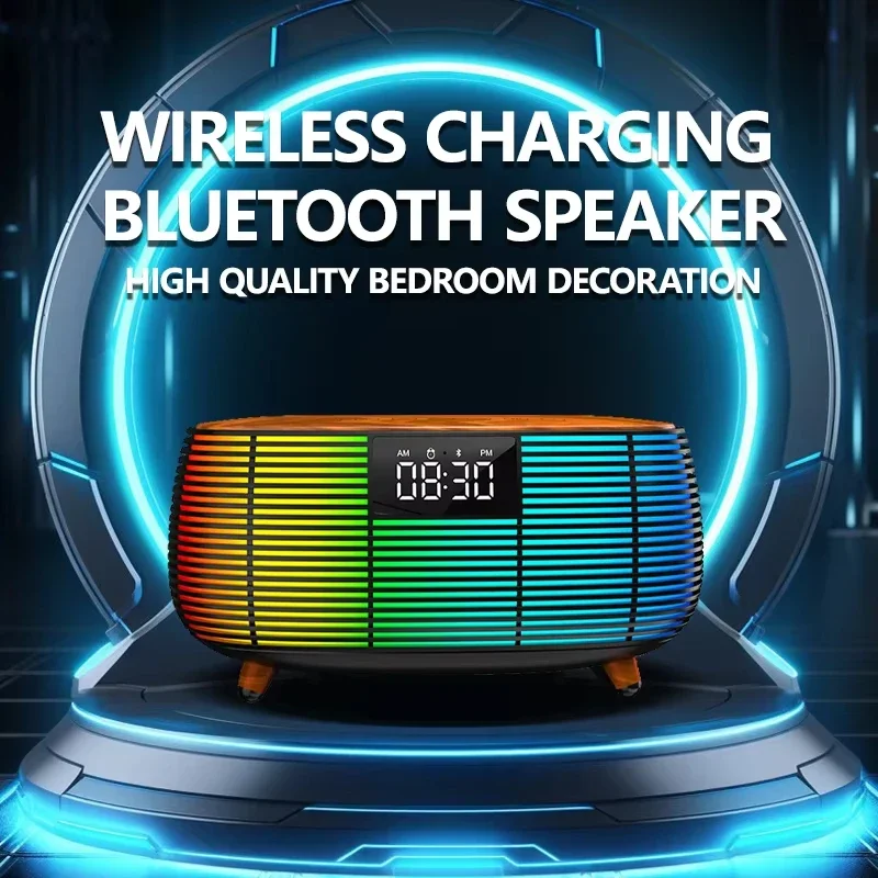 El más nuevo altavoz Bluetooth con luz LED de carga rápida inalámbrica de 15W iluminación RGB despertador caja de música para IPhone Samsung dormitorio
