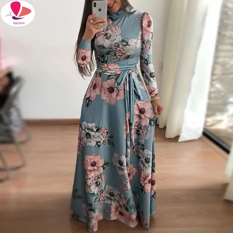 

Spring Autumn Womne's Dress Bohomia Flower Print Maixi Dresses Fashion Belt Tunic Boho Eveing Party Midi Dress Vestido