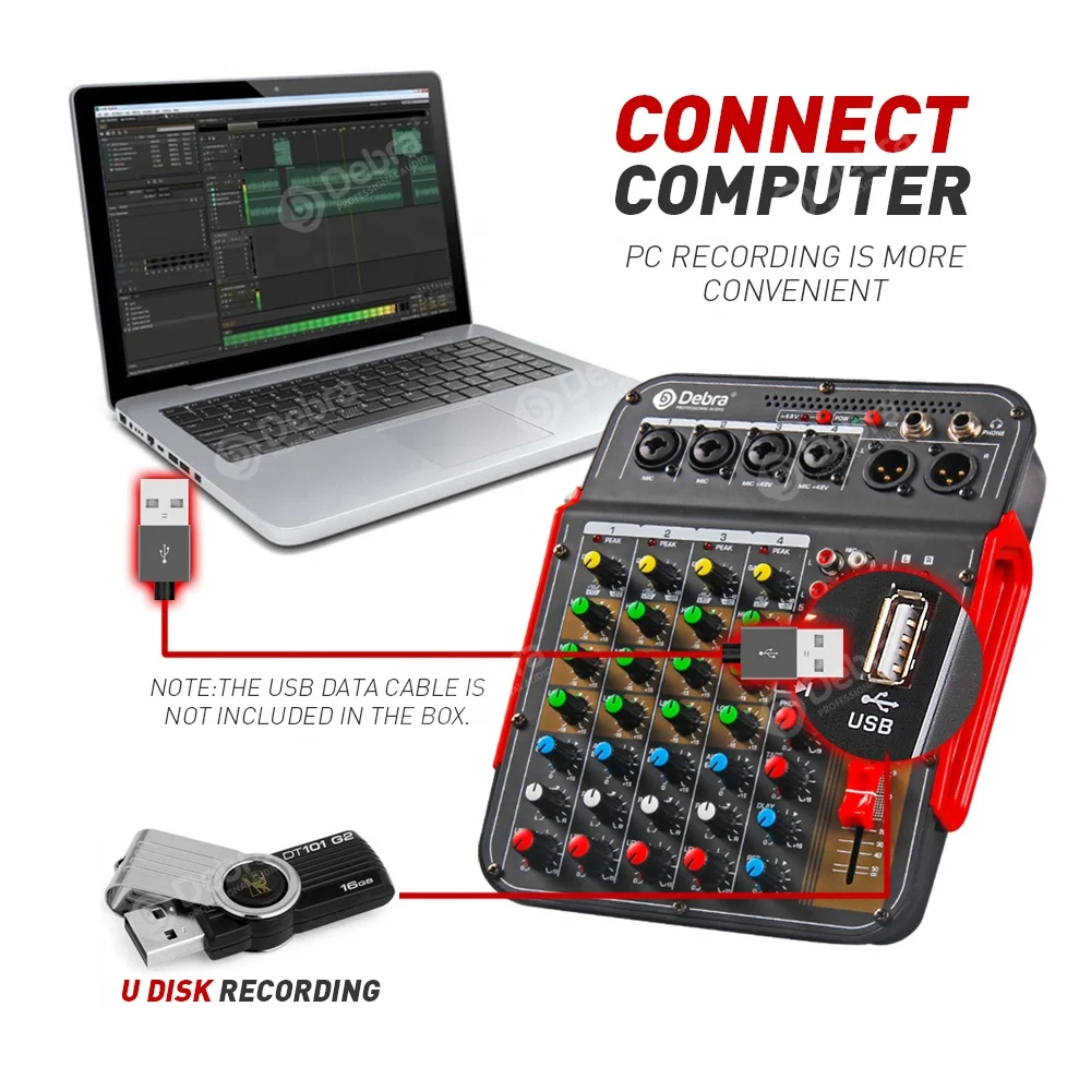2025 رائجة البيع Debra Audio DM4 المحمولة 4 قناة الرقمية DJ جهاز مزج الصوت الصغير مع تأثير تردد الأسنان الزرقاء 48 فولت لتسجيل الكمبيوتر B