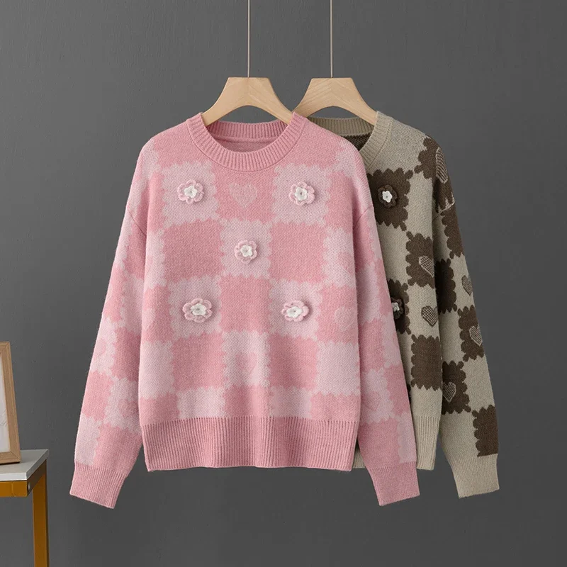 

Casual Knitting Sweater Women's Autumn and Winter 2023 New 3D Small Flower Lazy Style Pullover Loose Design Pink Knit Tops Korea