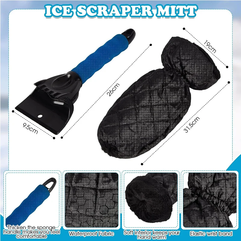 Car Ice Scraper Mitt Warm Ice Scraper with Glove Detachable Windshield Snow Scraper Waterproof Snow Shovel Remover Glove