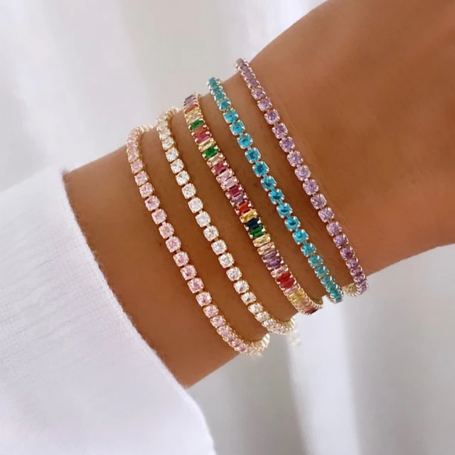 Kolorowe kryształowe bransoletka tenisowa dla kobiet wodoodporne wielokolorowe 3MM CZ ślub Birthstone łańcuszek na rękę sprzedaż hurtowa