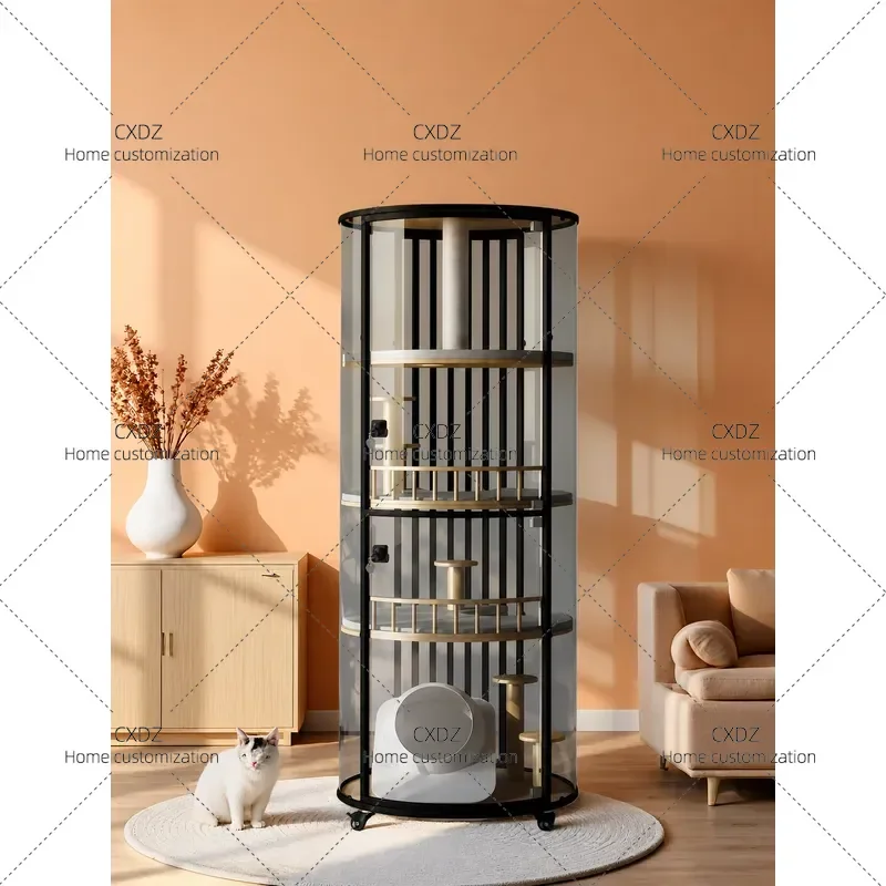 Luxury Cat Villa Fully Transparent Glass Cage Indoor Household Pet House with Integrated Litter Box All Season Universal
