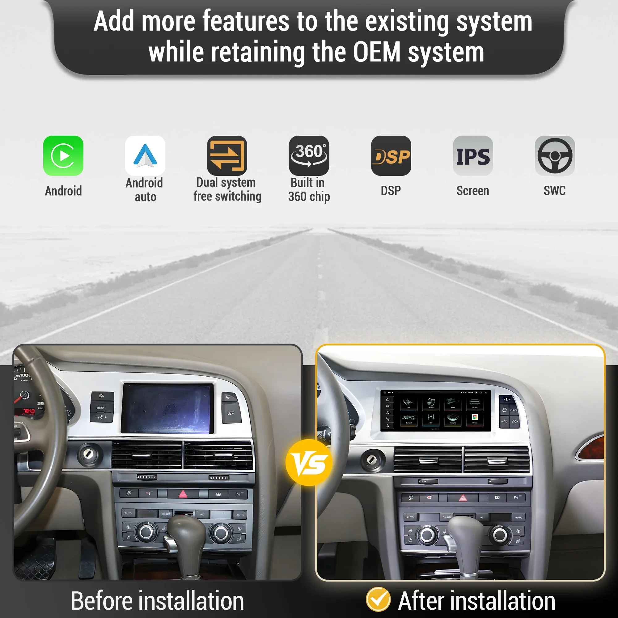 8.8 inch For Audi A6 C6 2005-2011 Left Hand Drive Android 14 Car Radio Wireless BT Carplay Qualcomm Snapdragon 680 Touch Screen