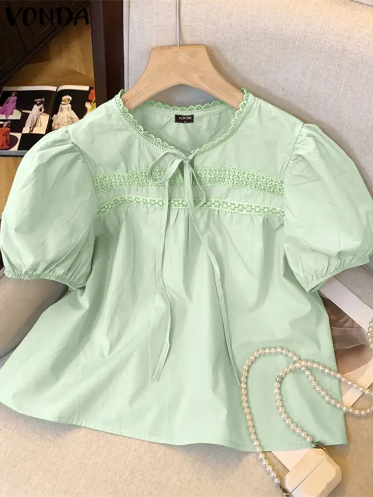 VONDA Women Blouse Summer Short Puff Sleeve Lace Patchwork Shirts Fashion Tunic Top 2024 Elegant Casual Solid Color Loose Blusas