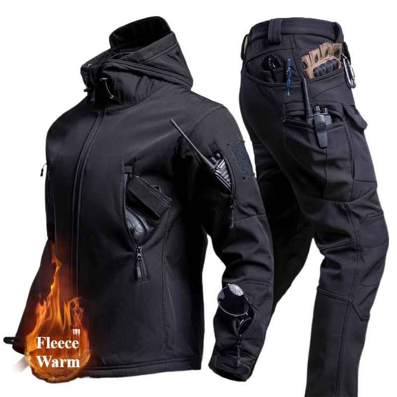 Winter Camo Combat Set Mens Fleece Waterproof Tactical Training Suit Hooded Multi Pocket Jacket+Wear-resistant Cargo Pants 2-pcs