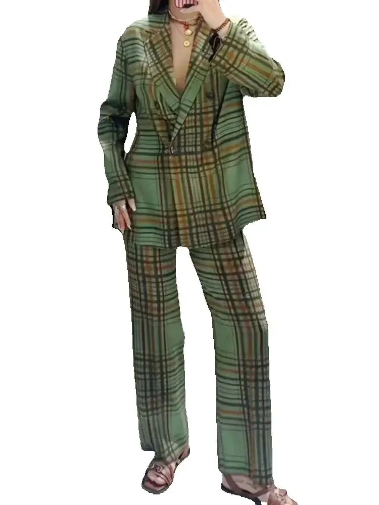 

2025 Новый модный женский шикарный клетчатый брючный костюм, двубортный свободный пиджак, пальто и карманы на молнии, длинные брюки, повседневный комплект OL