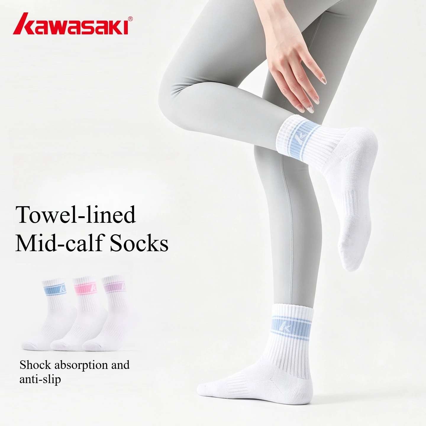 kawasaki-3-pairs-original-women-high-tube-thick-towel-bottom-badminton-socks-breathable-cotton-tennis-basketball-running-socks