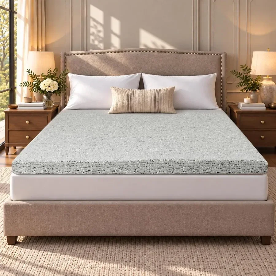 Queen Size Memory Foam Mattress Topper for Bedroom Use, Gel-Infused Foam, Grey, Cooling and Pressure-Relieving