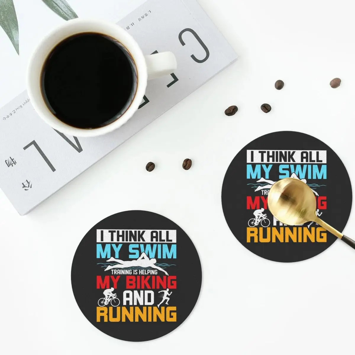 Triathlon Swimming Cycling Running Coasters PVC Leather Placemats Insulation Coffee Mats for Home Kitchen Dining Pads Set of 6